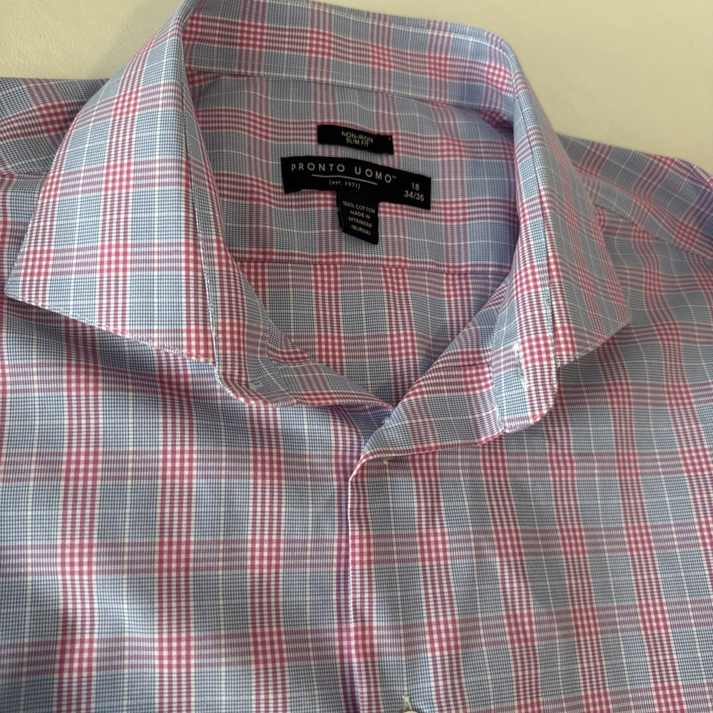 Pronto Uomo Mens 18 34/35 Pink Blue Plaid Non Iron Slim Fit Dress Shirt